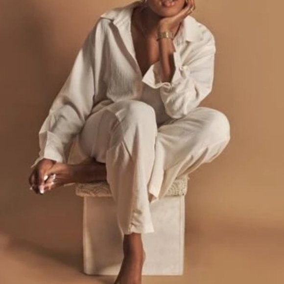 BUTTON DOWN SLIT HEM BLOUSE AND WIDE LEG PANTS TEXTURED SUMMER LOUNGE STREETWEAR - Picture 3 of 12